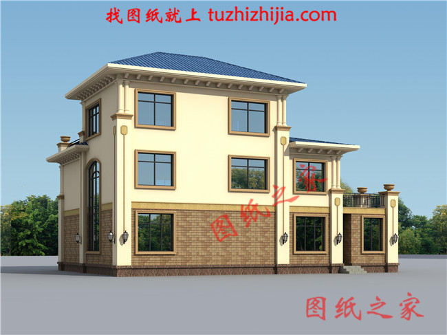 歐式三層樓房設計圖,客廳中空,旋轉樓梯,帶土灶房