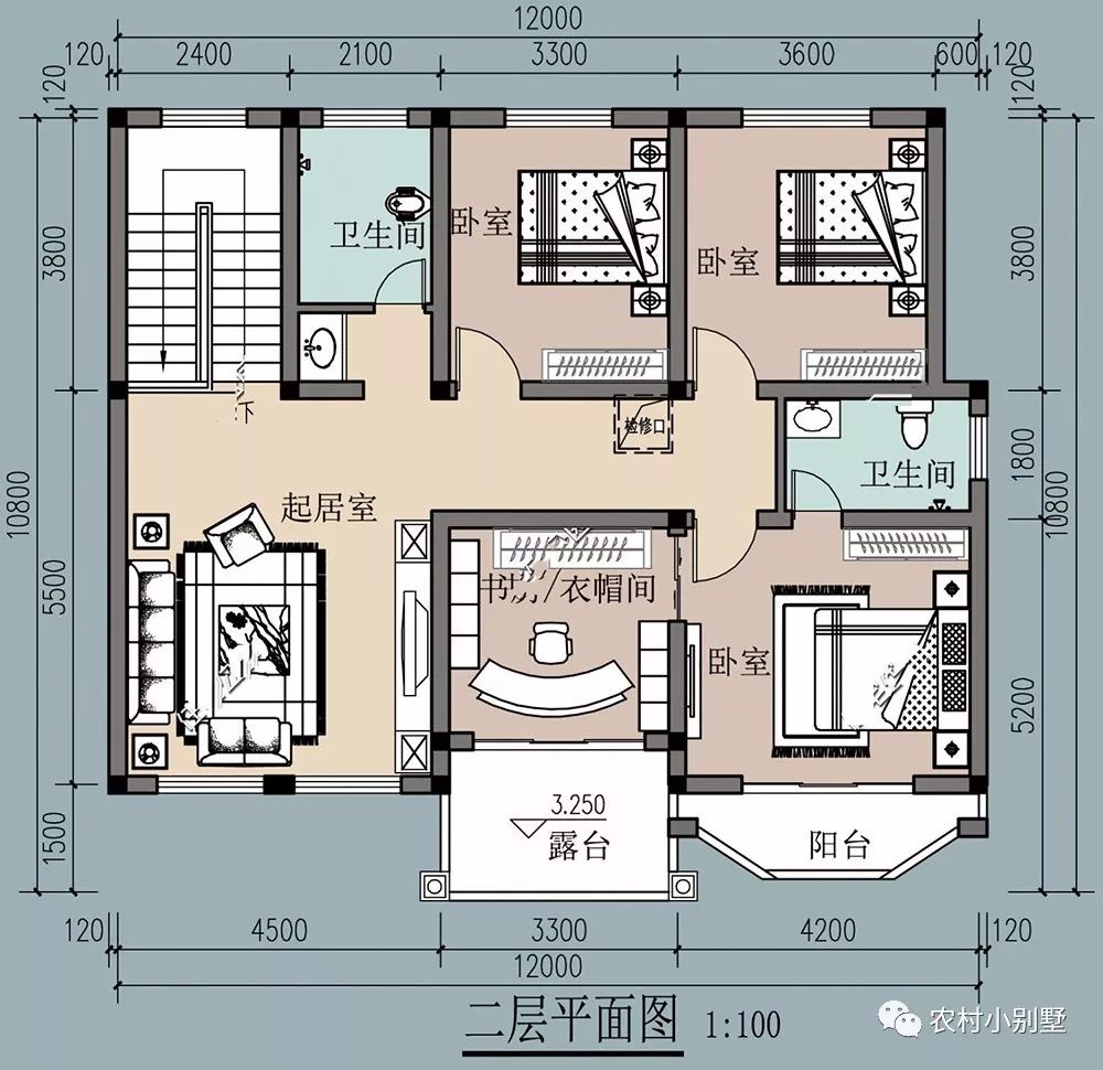 12*11米美式雙層農村別墅設計方案圖，落地采光窗+坡屋頂