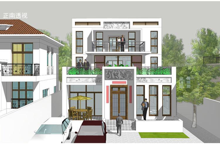 [房先生]三層對稱自建房別墅圖紙 現代中式帶陽光房大露臺