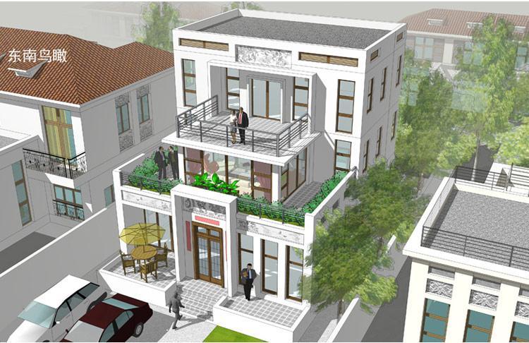 [房先生]三層對稱自建房別墅圖紙 現代中式帶陽光房大露臺