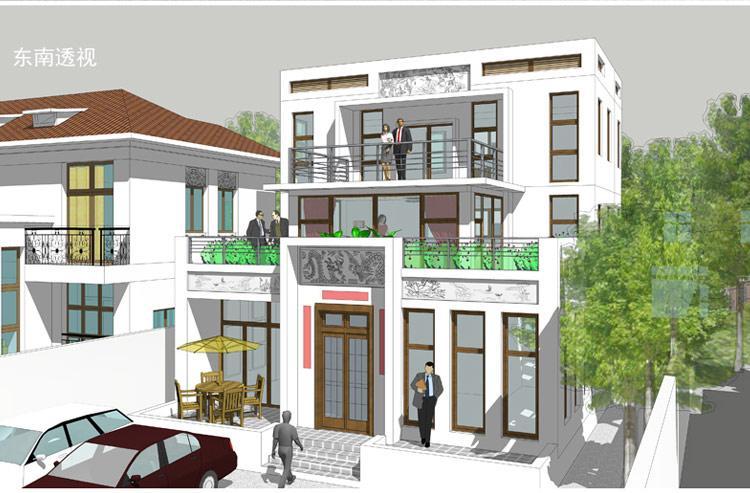 [房先生]三層對稱自建房別墅圖紙 現代中式帶陽光房大露臺