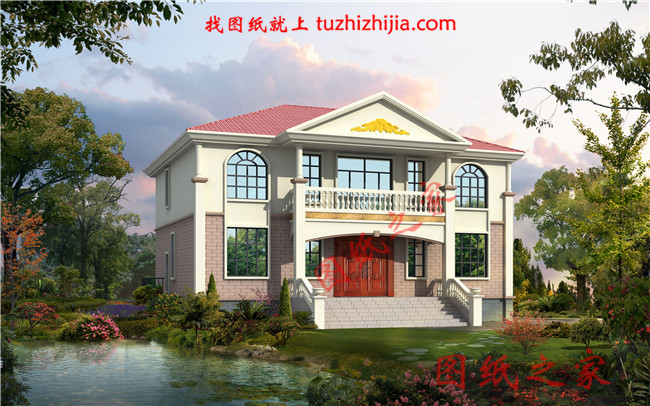 農村二層小樓的設計圖紙,整體外觀凹凸有致,紅色的坡面屋頂