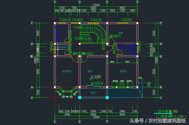 12米X10.8米三層旋轉(zhuǎn)樓梯房屋設(shè)計(jì)圖，拿到即可施工