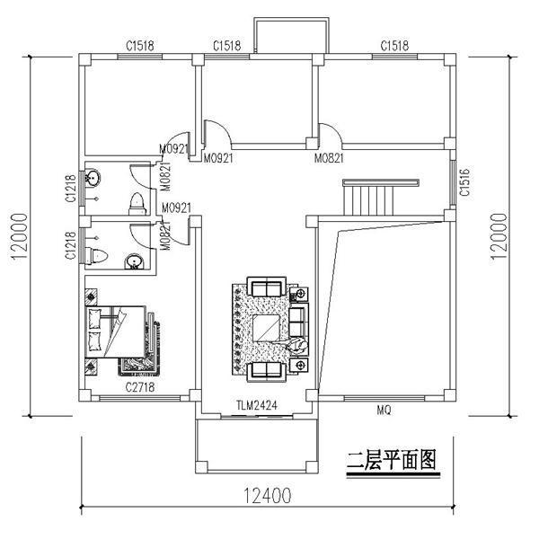 農村別墅設計圖，車庫入戶，方正戶型12X12.4米！含建筑圖