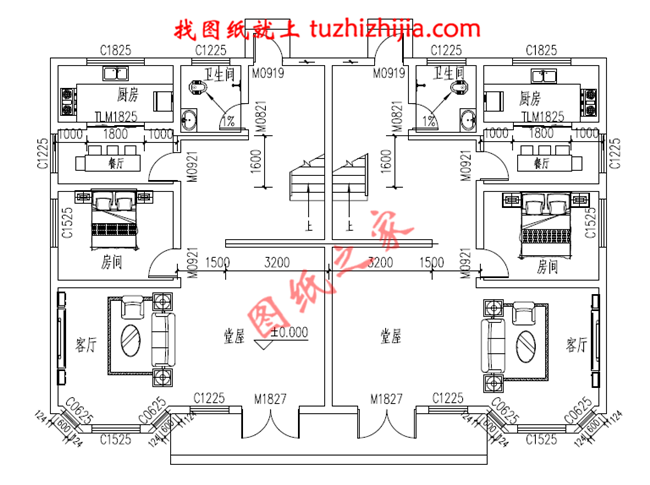 2018新農村三層雙拼房屋設計圖紙平面圖與效果圖,帶堂屋