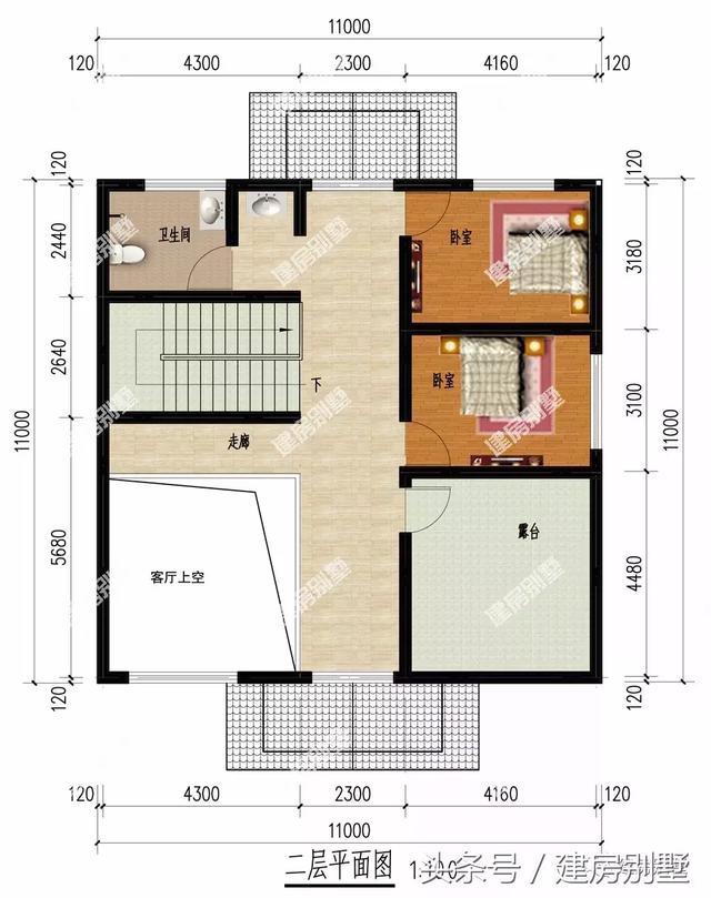 復式客廳中空11×11米二層別墅戶型圖，主體造價20萬足矣