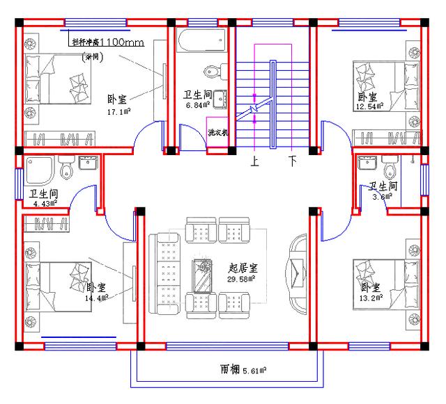 120㎡2廳8室7衛三層新農村自建房全套施工圖，房間多