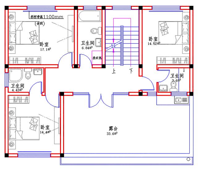 120㎡2廳8室7衛三層新農村自建房全套施工圖，房間多