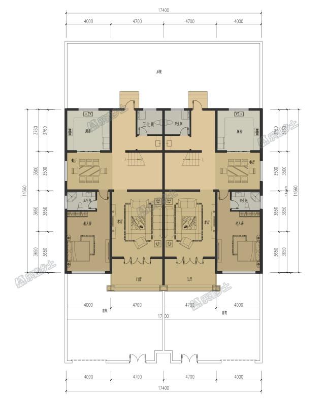 17x15米三層簡歐雙拼別墅，前后院布置滿足室外活動需求