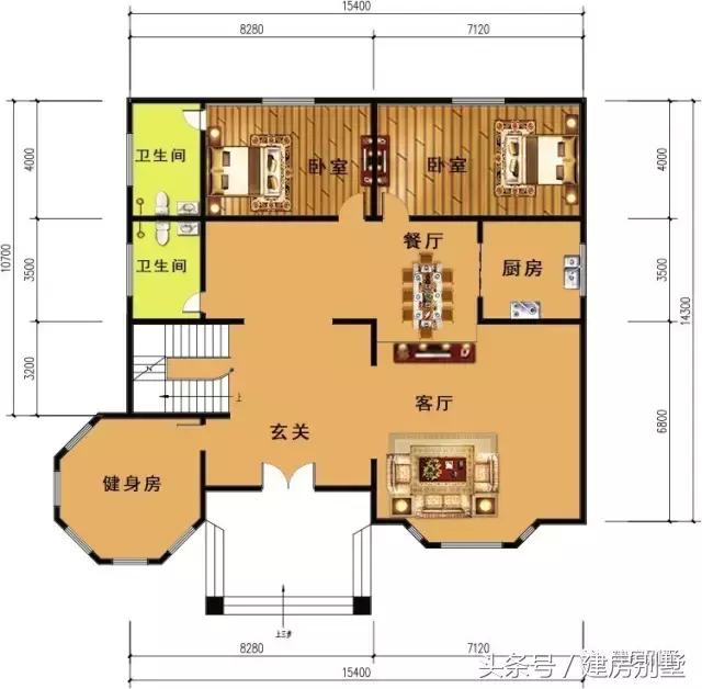 15.4×14.3米三層農村別墅，帶健身房和娛樂室豪華別墅