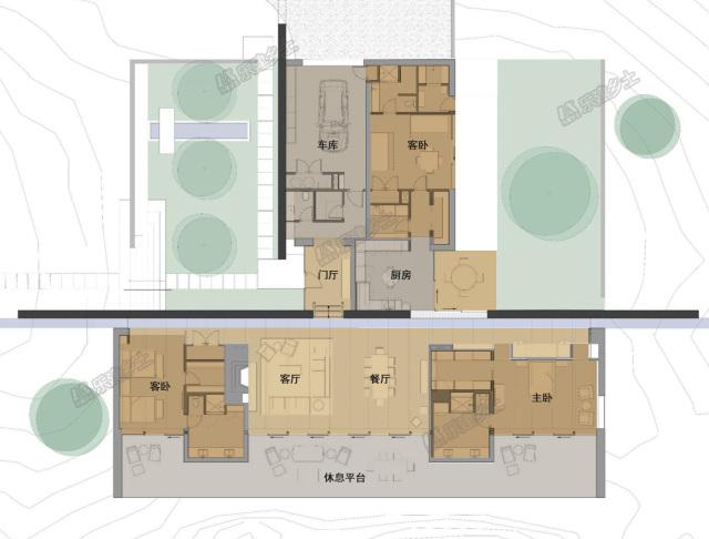 一層現代風格山間別墅，兩面混凝土墻壁打開整個建筑空間