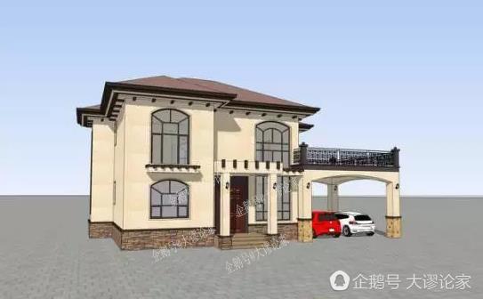 帶開放式車庫的二層農(nóng)村別墅，真石漆外墻被點贊