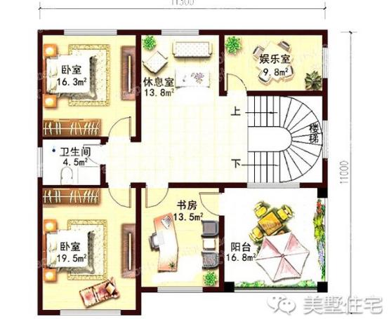 11x11米歐式三層小別墅戶型圖，3種外觀配色，各有千秋
