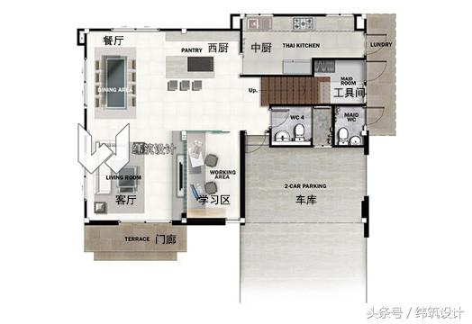 3款超現代的二層小別墅外觀圖，附戶型圖，都是開放式車庫