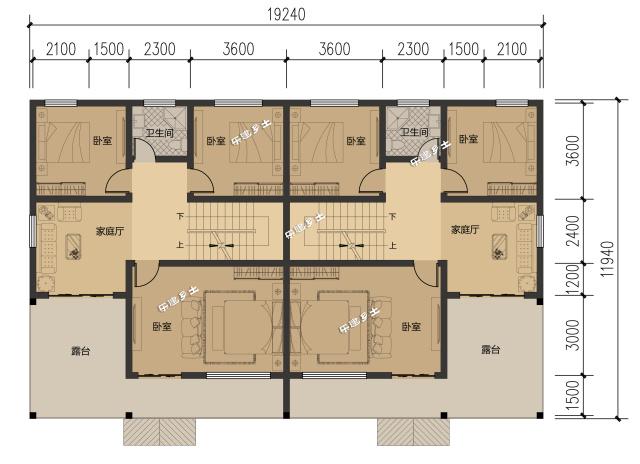 19.2x11.9米農村二層簡歐雙拼別墅，大露臺+車庫
