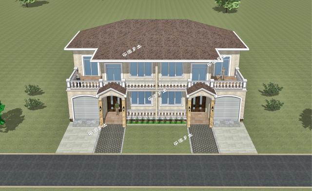 19.2x11.9米農村二層簡歐雙拼別墅，大露臺+車庫