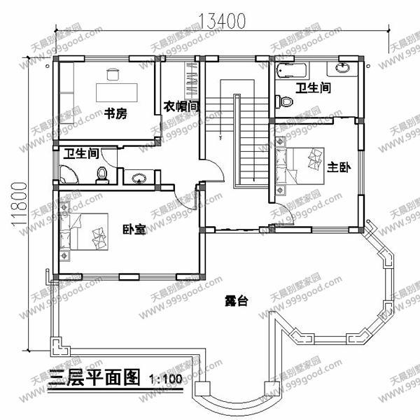 農村別墅設計圖，13.4X11.8米挑空，剛陽美中的曲線美！