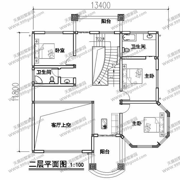 農村別墅設計圖，13.4X11.8米挑空，剛陽美中的曲線美！