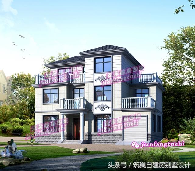 帶車庫磚混結構三層農村自建房別墅效果圖建筑圖，戶型簡約不簡單