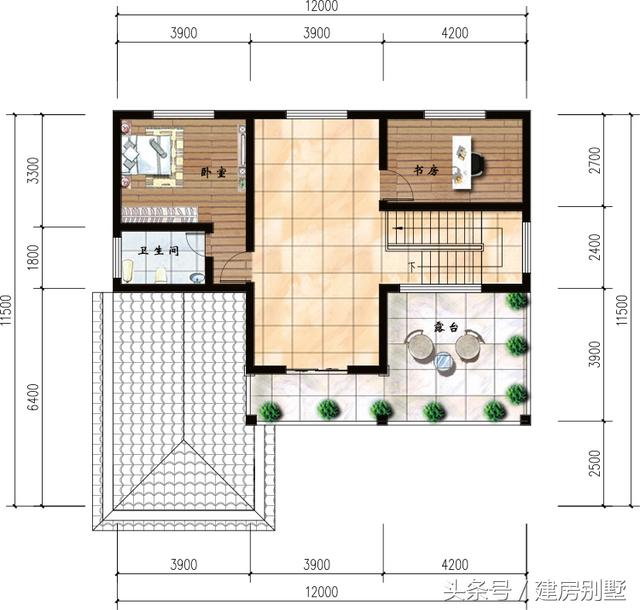 開間12，進深11.5兩層半別墅圖紙，有書房還有大露臺