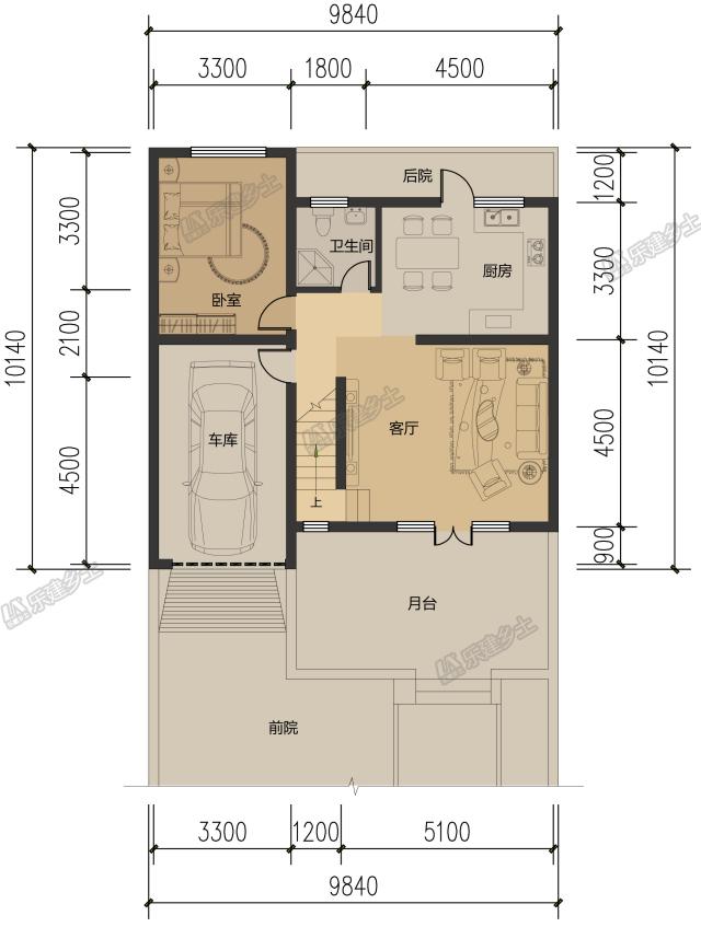 10米開間，客廳側(cè)布置一跑樓梯平面設(shè)計(jì)，五套方案供您選擇