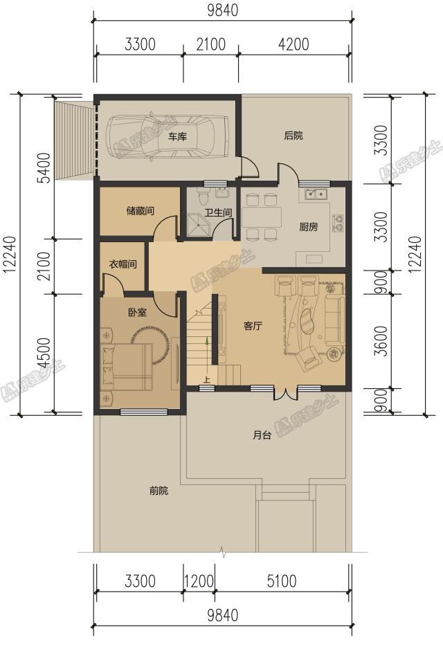 10米開間，客廳側(cè)布置一跑樓梯平面設(shè)計(jì)，五套方案供您選擇