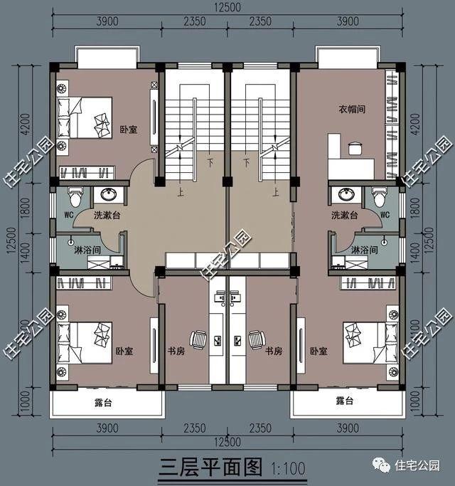 四層雙拼農(nóng)村別墅設(shè)計(jì)圖12.5x12.5米，內(nèi)設(shè)堂屋老人房影音室，外觀精致又大氣