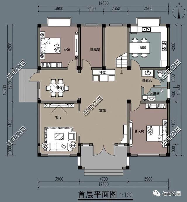 四層雙拼農(nóng)村別墅設(shè)計(jì)圖12.5x12.5米，內(nèi)設(shè)堂屋老人房影音室，外觀精致又大氣