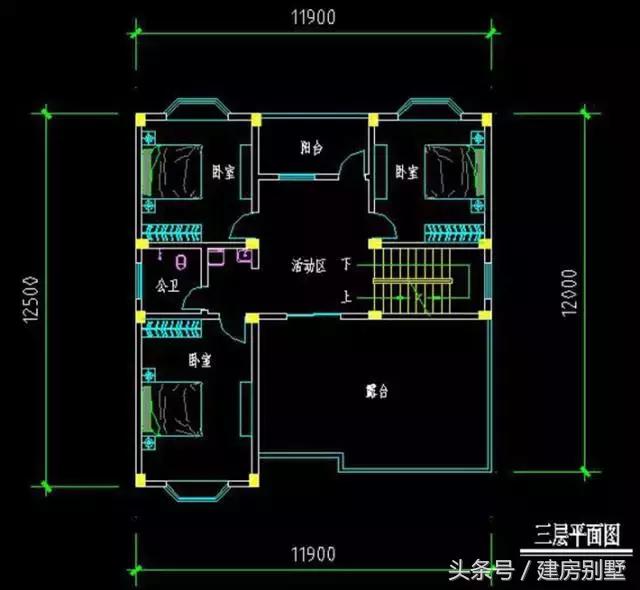 11.9×12.5米三層農村別墅，最愛的飄窗每個臥室都有
