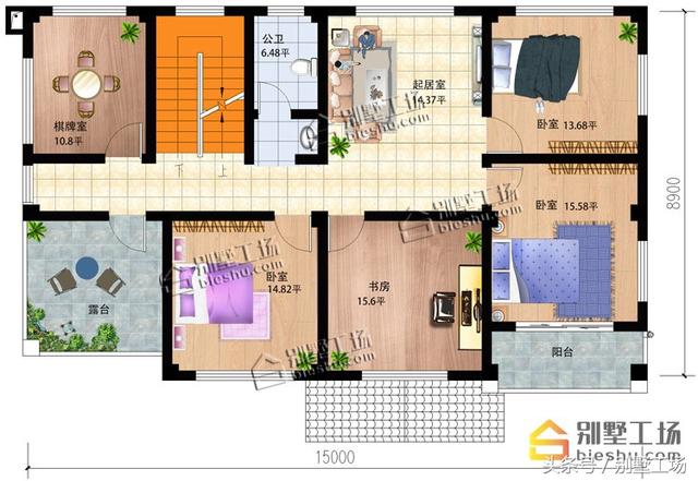 二層簡(jiǎn)歐風(fēng)格的別墅設(shè)計(jì)圖紙，15X8.9m大面寬小進(jìn)深，功能齊全帶堂屋開(kāi)放式餐廳