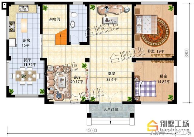 二層簡(jiǎn)歐風(fēng)格的別墅設(shè)計(jì)圖紙，15X8.9m大面寬小進(jìn)深，功能齊全帶堂屋開(kāi)放式餐廳