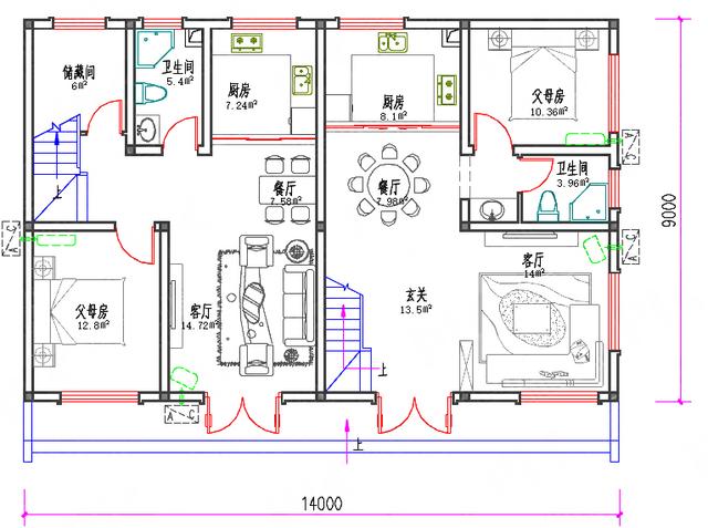 14×9磚混結(jié)構(gòu)二層雙拼農(nóng)村別墅圖，單戶有1廳4臥