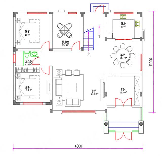 二層農村自建房全套施工圖，造價30萬左右2廳6臥14×11帶棋牌室臥室套間