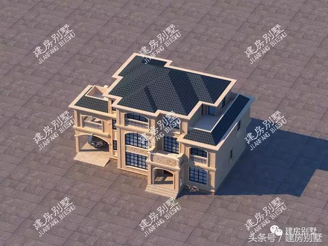 三層豪宅別墅圖，第一棟配開放式車庫，第二棟設電梯井