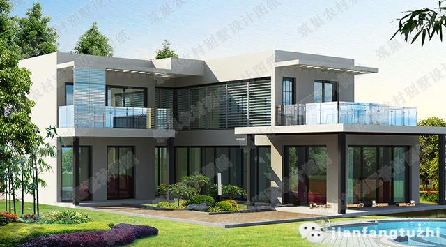 現代L型二層別墅設計圖，150㎡帶觀景走廊茶室豪華套房，設計新穎美觀。