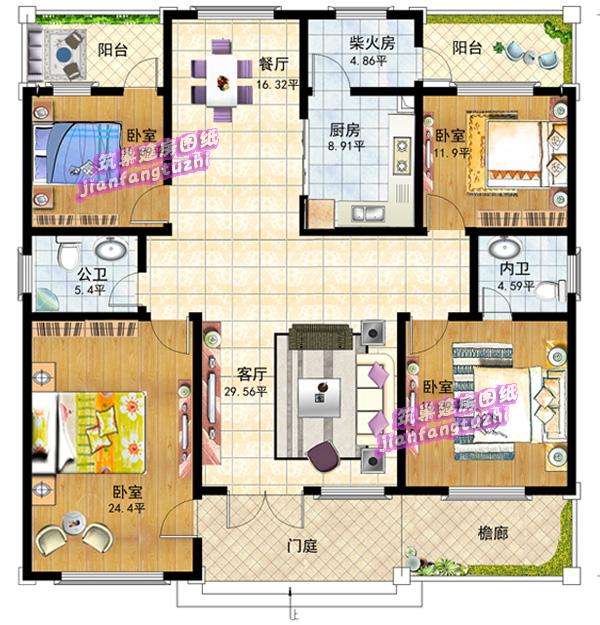 一層農(nóng)村別墅設(shè)計(jì)圖，2廳4臥，造價(jià)15萬，經(jīng)濟(jì)實(shí)用。