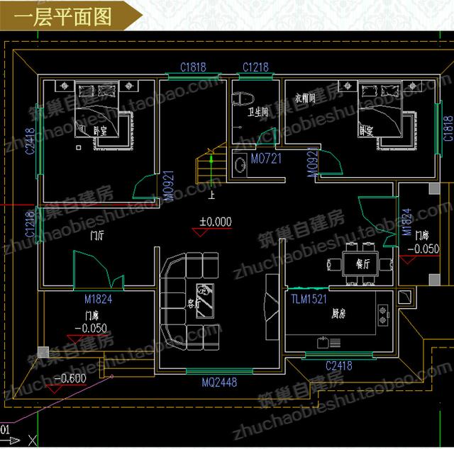 二層別墅設計圖，1廳5臥，造價30萬，挑空客廳+套房。