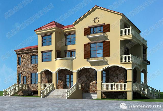 三層西班牙風格別墅設計圖，3廳9臥帶地下車庫+套房，占地160㎡，造價60萬