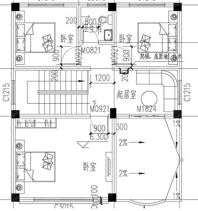 小戶型三層自建房設(shè)計圖，3廳7臥帶挑空客廳，色調(diào)協(xié)調(diào)，精致小巧