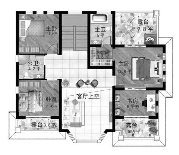 二層帶挑空客廳+豪華主臥農(nóng)村自建房設(shè)計(jì)圖，豪華大氣，造價(jià)20萬