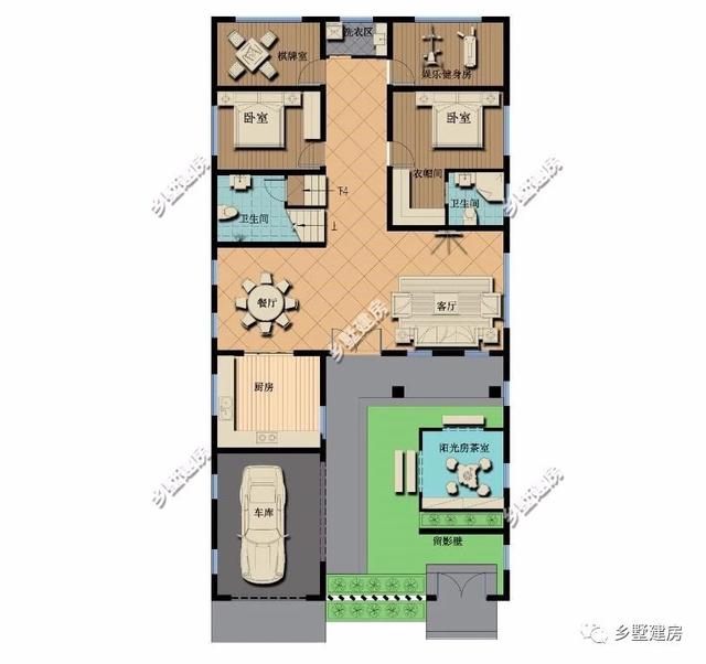 360平農(nóng)村四合院別墅設(shè)計(jì)圖，黛瓦白墻，簡約大方，還有陽光房+健身房