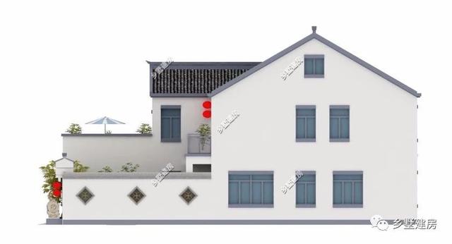 360平農(nóng)村四合院別墅設(shè)計(jì)圖，黛瓦白墻，簡約大方，還有陽光房+健身房