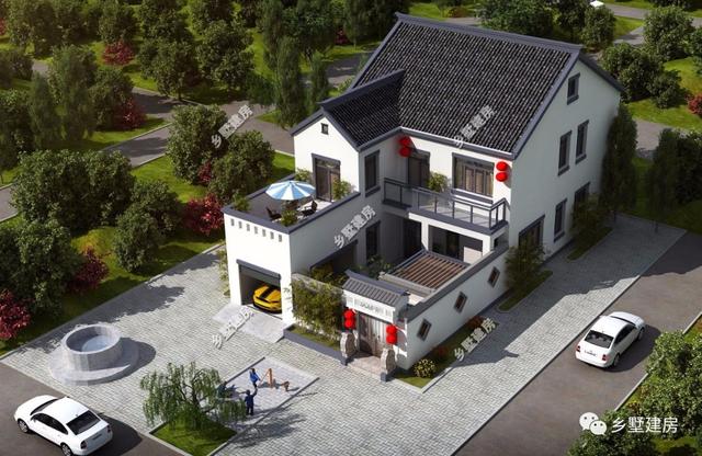 360平農(nóng)村四合院別墅設(shè)計(jì)圖，黛瓦白墻，簡約大方，還有陽光房+健身房