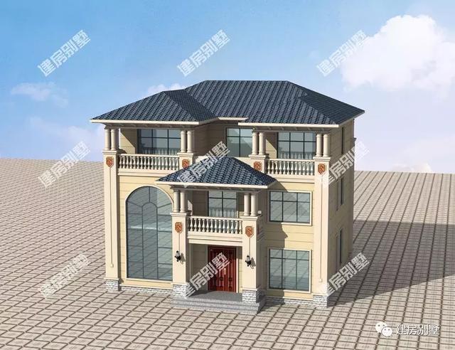 13×12.9米三層農村別墅設計圖，雙涼亭搭配露臺，外觀豪華大氣