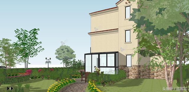 12X10三層西班牙風(fēng)格別墅圖，戶型方正、緊湊實用，有露臺有陽光房有院子，一家共享天倫~