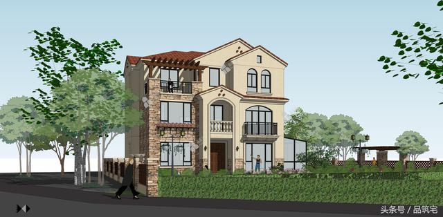 12X10三層西班牙風(fēng)格別墅圖，戶型方正、緊湊實用，有露臺有陽光房有院子，一家共享天倫~