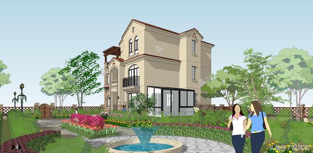 12X10三層西班牙風(fēng)格別墅圖，戶型方正、緊湊實用，有露臺有陽光房有院子，一家共享天倫~