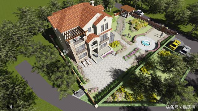 12X10三層西班牙風(fēng)格別墅圖，戶型方正、緊湊實用，有露臺有陽光房有院子，一家共享天倫~