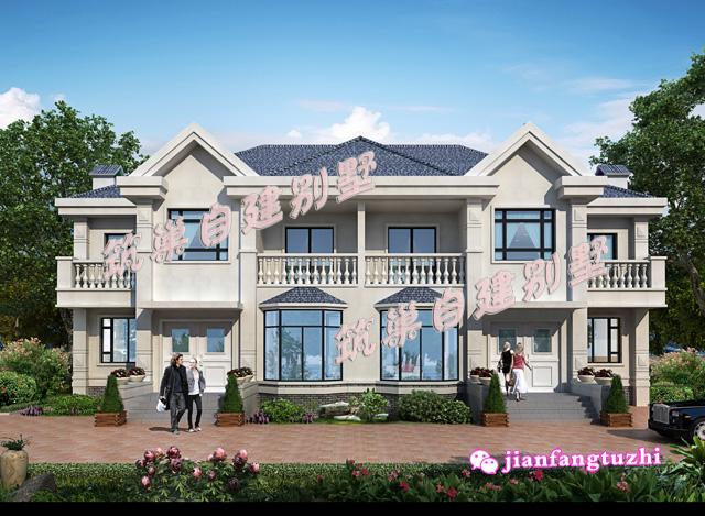 二層農村兄弟雙拼房別墅設計圖效果圖，總面積450平方米22x11米，對稱設計彰顯房屋的氣勢