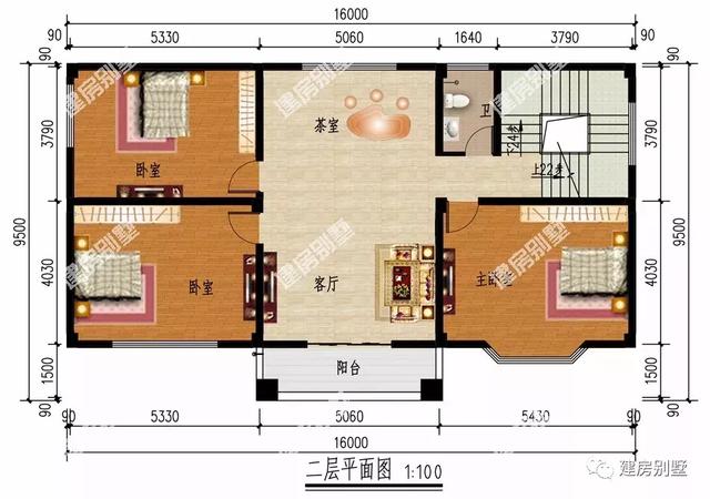 四層別墅設(shè)計圖，16×9.5米，外觀氣派，內(nèi)設(shè)小臺階，由里到外都很有檔次